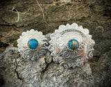 Sterling silver saddle conchos with genuine Kingman Matrix Turquoise