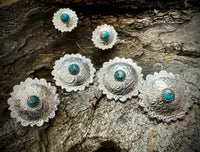 Sterling silver saddle conchos with genuine Kingman Matrix Turquoise