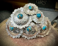 Sterling silver saddle conchos with genuine Kingman Matrix Turquoise